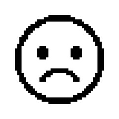 Smiley Face templates in pixel art style. Black outline sad emoticon. Unhappy, disappointed, labels. Isolated on white background.