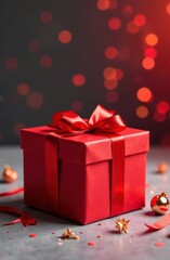 Obraz premium Red christmas gift box with decorations and bokeh lights