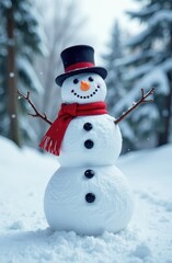 Fototapeta premium Snowman wearing red scarf and black top hat in snowy forest