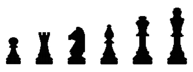 Set of Chess Piece templates in pixel art style. Black and white solid game symbols. King, queen, pawn, knight, rook, bishop, labels. Isolated on white background.
