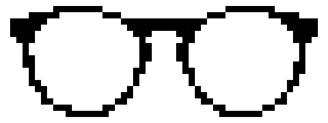 Glasses templates in pixel art style. Black outline eyewear. Vision, style, labels. Isolated on white background.
