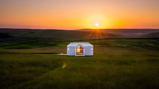 modern minimalist white cabin nestled in a vast green field during sunset