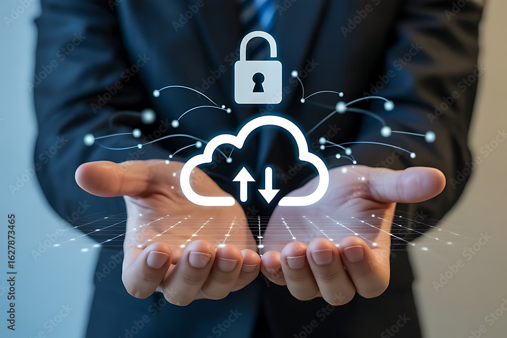 Poster businessman holding a secure cloud computing concept with a padlock and data transfer arrows in his 