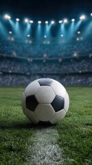 Obraz premium A classic soccer ball rests on a vibrant green field under the bright stadium lights