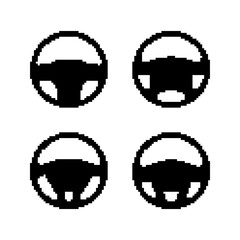 Set of Steering Wheel templates in pixel art style. Black solid vehicle control symbols. Car, boat, labels. Isolated on white background.