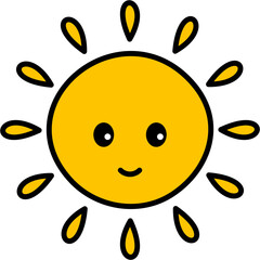 Bright yellow sun illustration with kawaii smile and radiating rays for kids