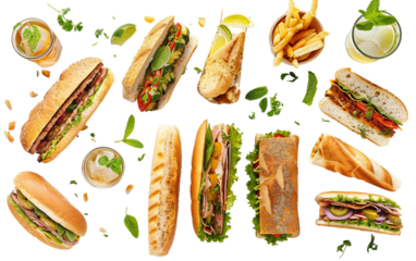 Tasty Cuban Sandwiches and Cocktails on white background