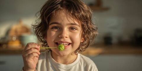 A happy young boy with curly hair eating a brussels sprout on a skewer in a bright kitchen