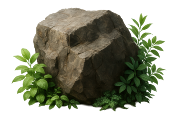 Large natural rock surrounded by lush green plants and foliage on transparent background.