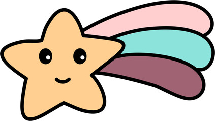 Cute shooting star with rainbow tail in kawaii pastel doodle cartoon illustration style