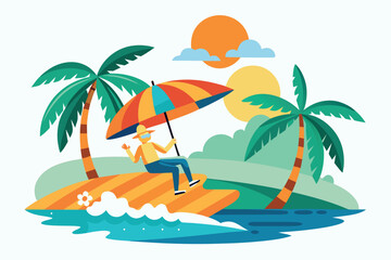 Man relaxing on a tropical island beach under an umbrella isolated on white background