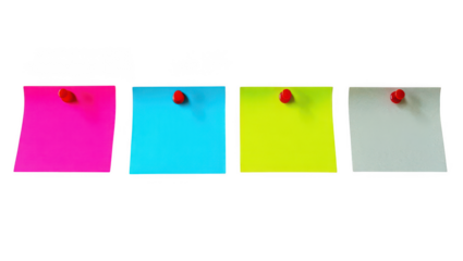Four colorful sticky notes pinned with red thumbtacks isolated on transparent background