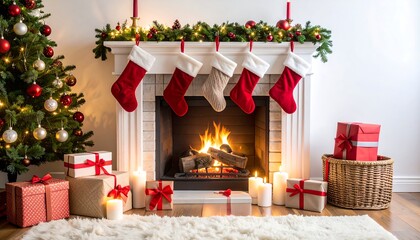 Christmas fireplace scene with stockings lit candles Christmas tree and wrapped gifts holiday decor