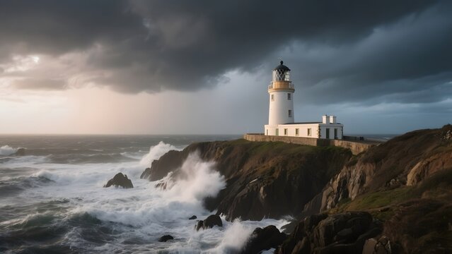 Lighthouse perched on rocky cliffs under a dramatic stormy sky with crashing waves below.