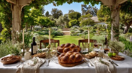 Beautiful garden surrounds a white-clothed Shabbat table with wine glasses, fresh challah, and various homemade Jewish dishes, celebrating tradition with loved ones.