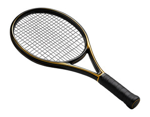 Professional tennis racket with a sleek black and gold design and a textured grip for enhanced performance on transparent background.