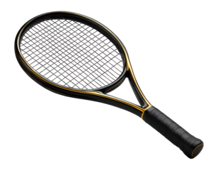 Professional tennis racket with a sleek black and gold design and a textured grip for enhanced performance on transparent background.