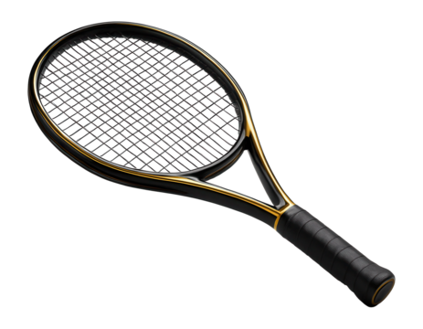 Professional tennis racket with a sleek black and gold design and a textured grip for enhanced performance on transparent background.