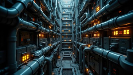Futuristic Data Center Filled With Glowing Panels and Network Pipes