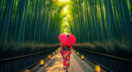 Bamboo Forest. Asian woman wearing japanese traditional kimono at Bamboo Forest in Kyoto, Japan.