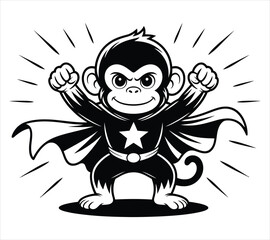 Vector Cartoon Monkey Dressed as Superhero – Black and White