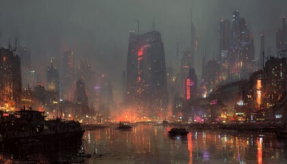 Ciudad futurista nocturna, vista panorámica, ambiente brumoso