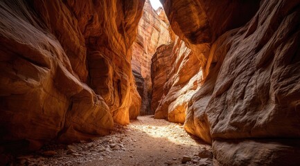 Sunlight streams into a narrow canyon carved by erosion