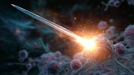 Cell with a glowing tip. The cell is surrounded by other cells. stylized sword of light slicing through cancer cell cluster, break cancer cells, targeted therapy
