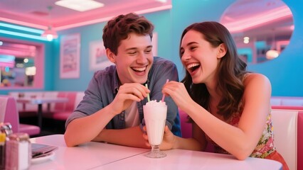 A couple shares a milkshake, laughing together in a vibrant diner setting.