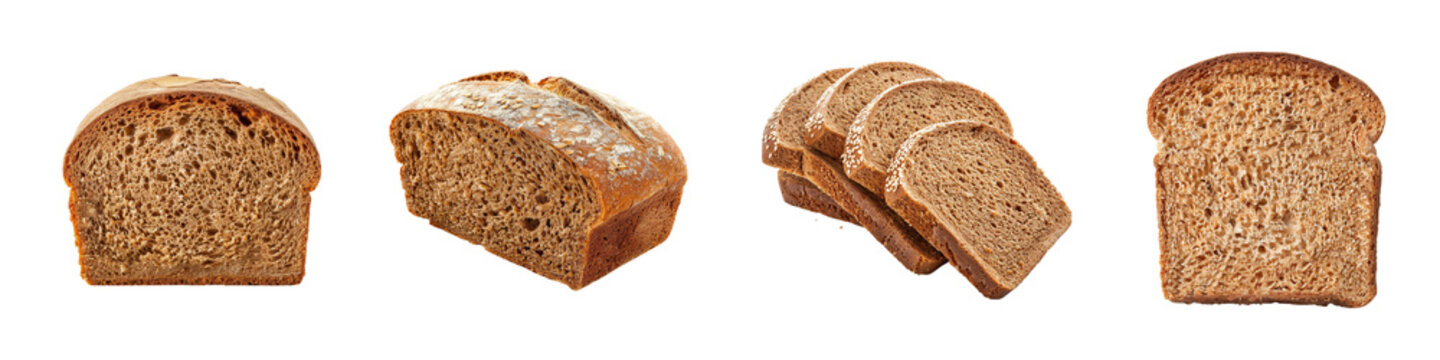 Several different loaves slices of brown bread on a transparent background Generative AI