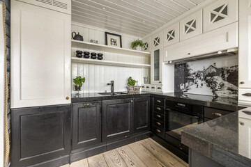 Modern luxury kitchen interior in minimal scandinavian style, 3d render
