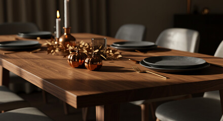 Obraz premium Elegantly set dining table with dark plates, gold accents, candles, and pumpkins, creating a warm, inviting atmosphere for a meal.