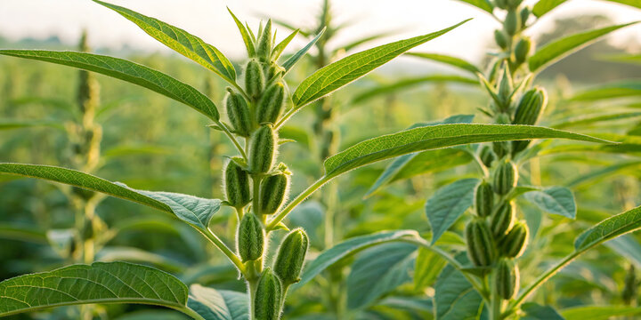 Sesame Seed Plant Close Up Capturing Lush Greenery and Seed Pods