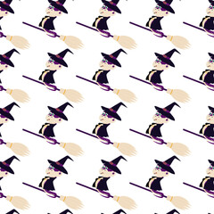 Snake in Witch look flying on Broomstick Seamless Pattern Halloween Holiday Background or Wallpaper