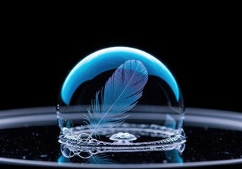 A delicate feather is encased in a shimmering, iridescent soap bubble