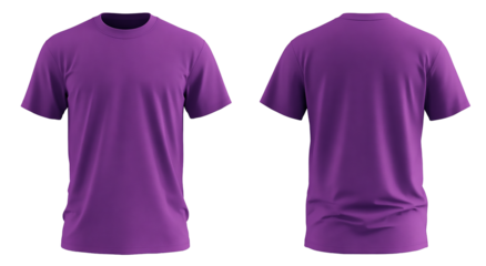 Purple tshirt front and back view isolated on transparent background for fashion and apparel design isolated on transparent background
