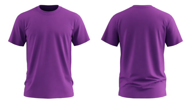 Purple tshirt front and back view isolated on transparent background for fashion and apparel design isolated on transparent background