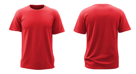 Red tshirt mockup isolated on transparent background, showcasing front and back views for apparel design and casual wear concepts with a blank template