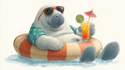 Adorable Cartoon Manatee Tourist A Delightful Underwater Vacation Scene