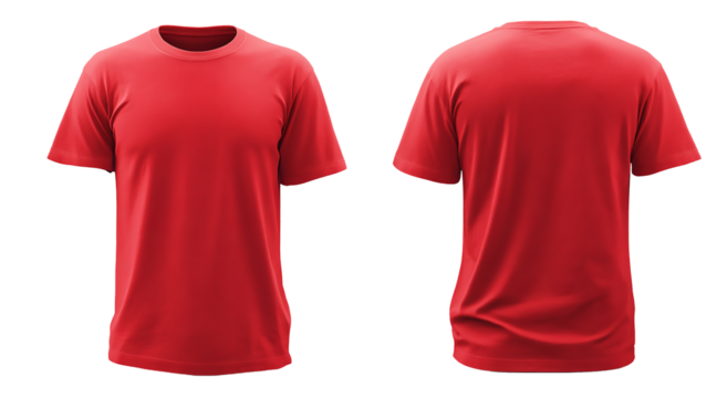 Red tshirt mockup isolated on transparent background, showcasing front and back views for apparel design and casual wear concepts with a blank template