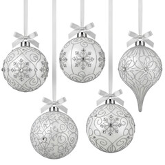 Five elegant white christmas ornaments, intricately detailed with silver glitter, snowflake motifs, swirls, rhinestones, suspended by white ribbons with silver bows, against a plain white background,