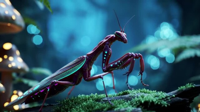An iridescent praying mantis with bioluminescent markings walking through a magical, glowing fantasy forest at night.