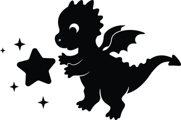Happy Adorable Dragon Reaching for a Shiny Star, A Cute and Magical Baby Dragon Character with Sparkles, in a Whimsical and Playful Fantasy World Illustration.