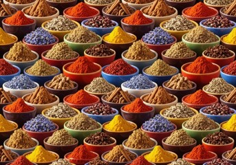Fototapeta premium A vibrant array of colorful spices fills small bowls in a textured pattern
