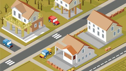 Isometric view of a residential neighborhood with houses under construction and cars driving by on the roads