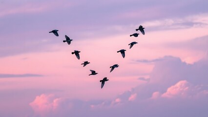 Birds flying in formation against a colorful twilight sky