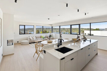Modern luxury kitchen interior in minimal scandinavian style, 3d render