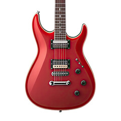 A classic red electric guitar with chrome hardware and a dark fretboard isolated on transparent background