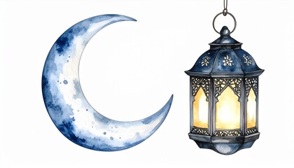 Watercolor painting of a blue crescent moon and a traditional Arabic lantern. Islamic decoration for Ramadan Kareem or Eid.