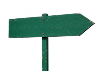 Green wooden directional signpost pointing to the right isolated on transparent background